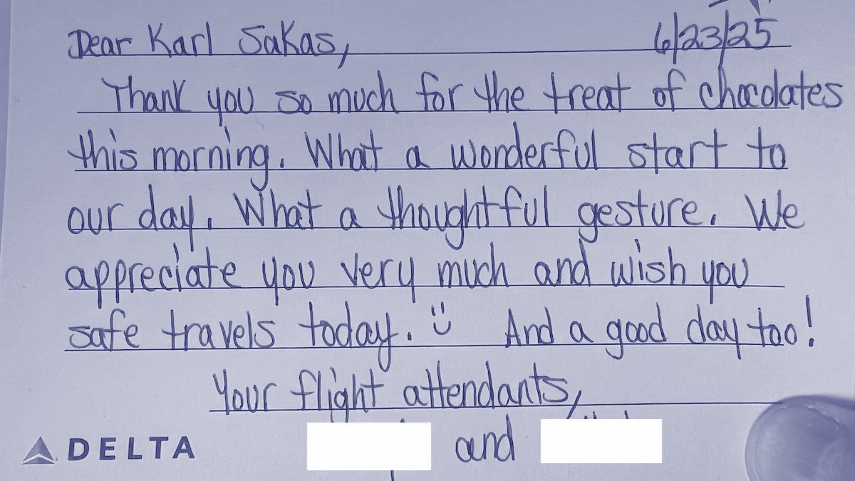 Thank-you note for in-flight candy, thanks to agency systems at work